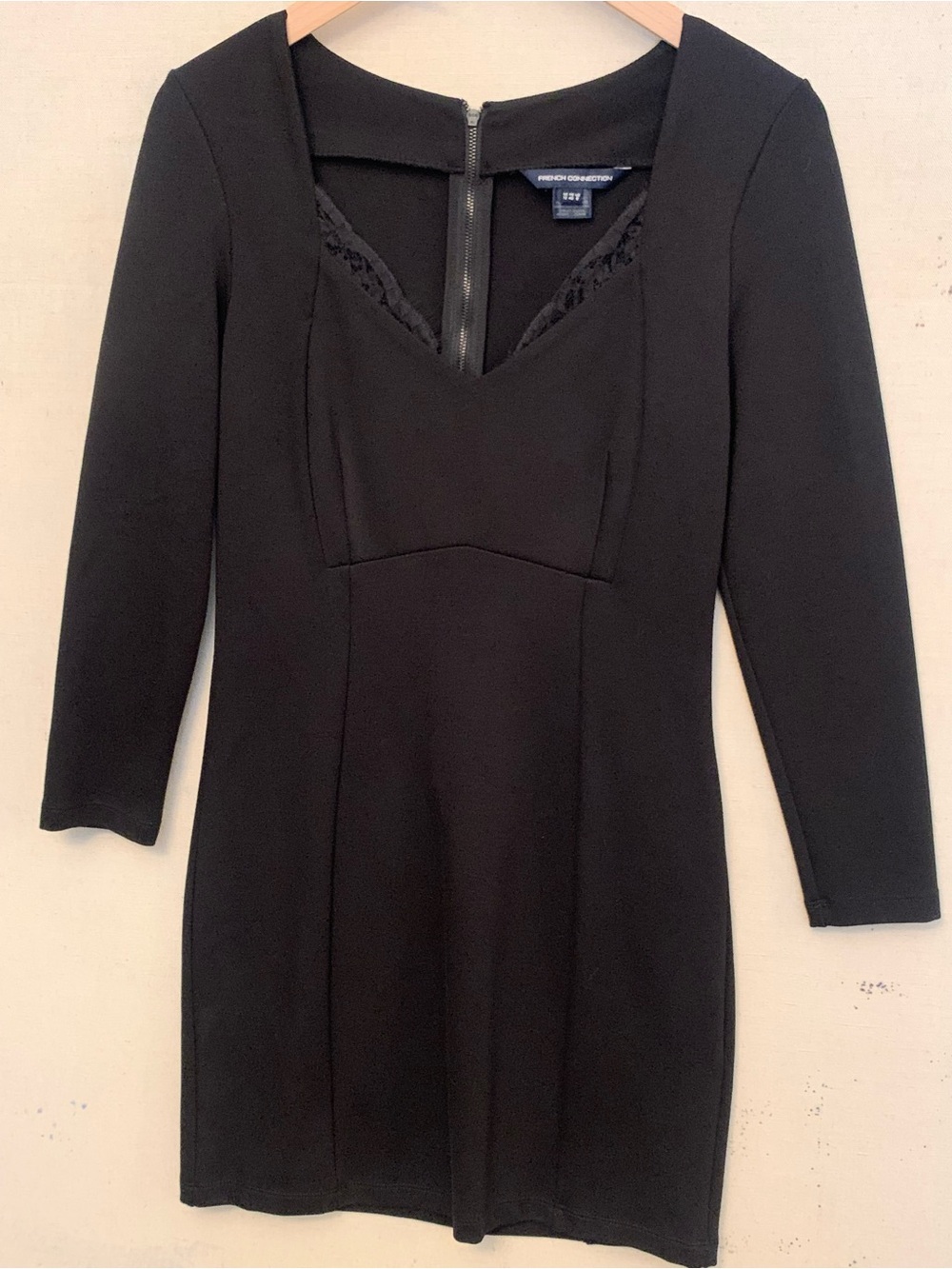 French Connection Black Long-Sleeve V-Neck Mini Dress, Women’s Size 8